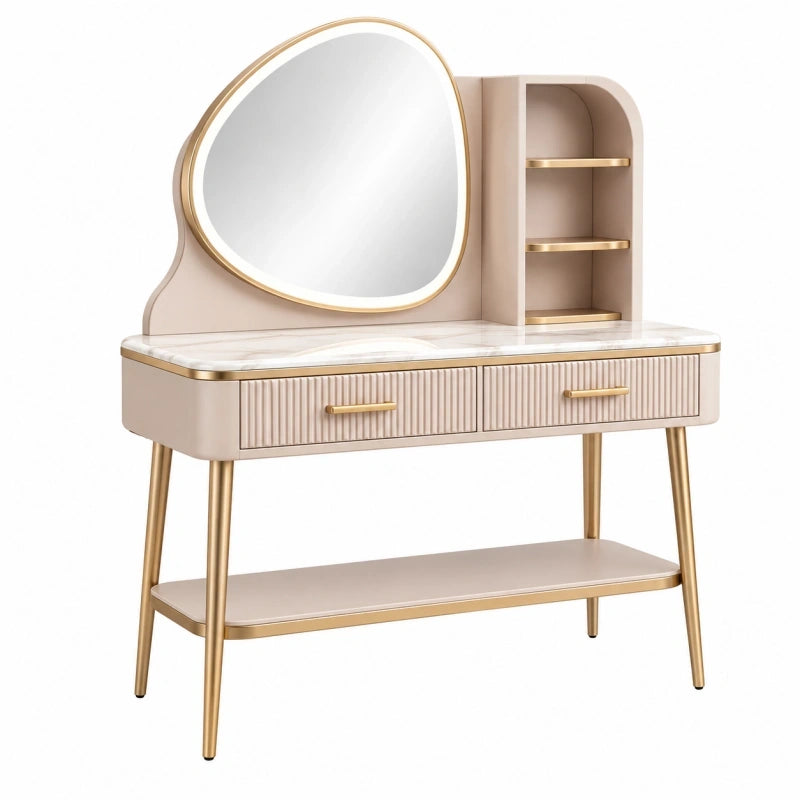 Schminktisch 120 x 45 x 140 cm Holzwerkstoff Beige Gold mit Spiegel Schubladen und Regal Modern