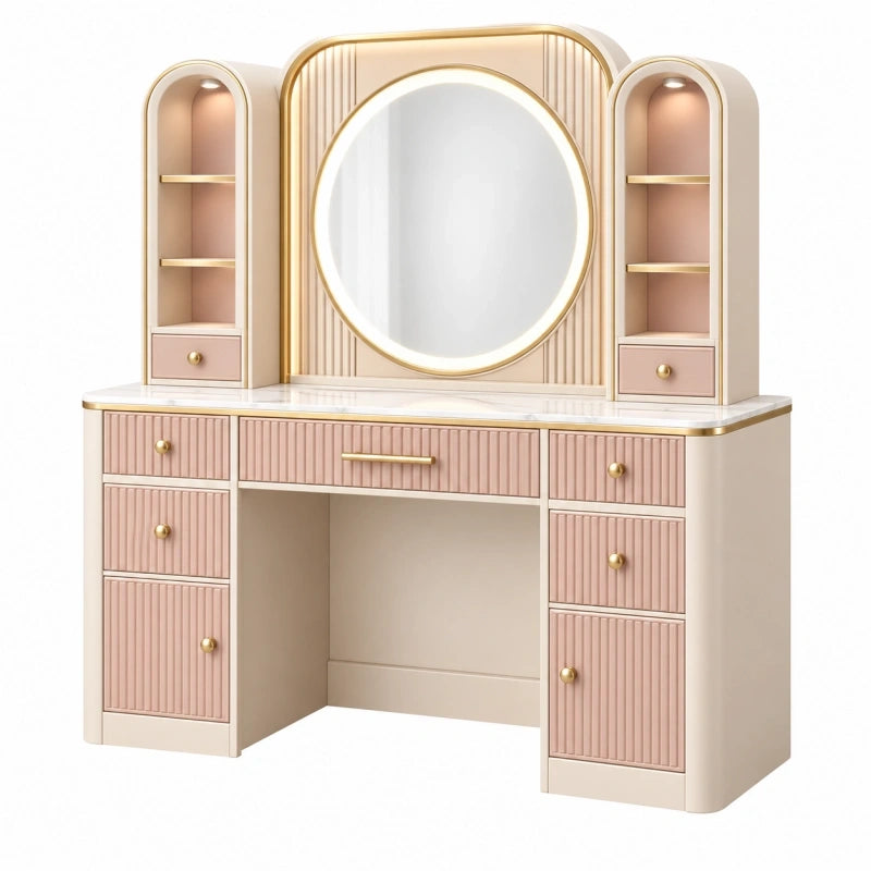 Schminktisch 140 x 45 x 155 cm aus Holzwerkstoff Rosa Cremeweiß mit Spiegel und Schubladen
