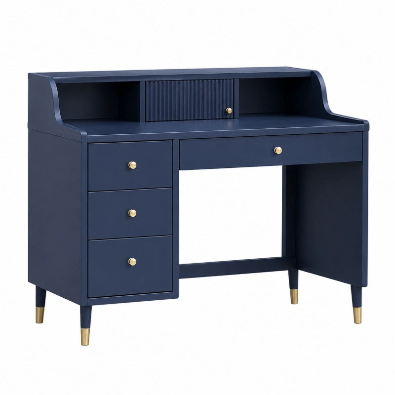 Schreibtisch 120 x 60 x 100 cm aus Holzwerkstoff in Dunkelblau mit Schubladen und Aufsatz