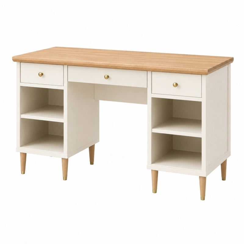 Schreibtisch 120 x 60 x 75 cm Weiß Naturholz mit Schubladen und Ablagen im Landhausstil