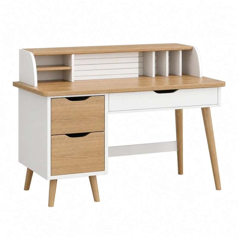 Schreibtisch 120 x 60 x 100 cm Holzwerkstoff Weiß Naturholz mit Aufsatz und Schubladen