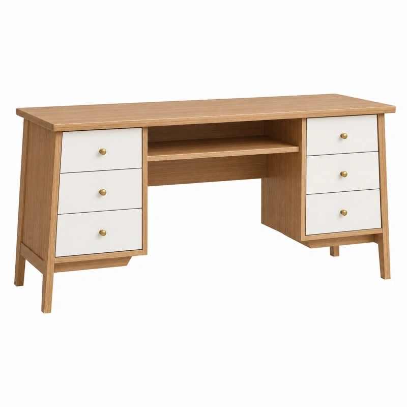 Schreibtisch 140 x 60 x 75 cm aus Holzwerkstoff Naturbraun Weiß im skandinavischen Stil mit 6 Schubladen