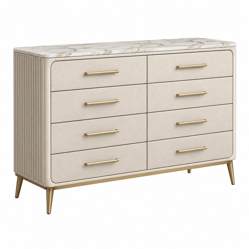 Kommode 160 x 45 x 90 cm in Beige Weiß Gold mit 8 Schubladen Marmoroptik und Metallfüßen