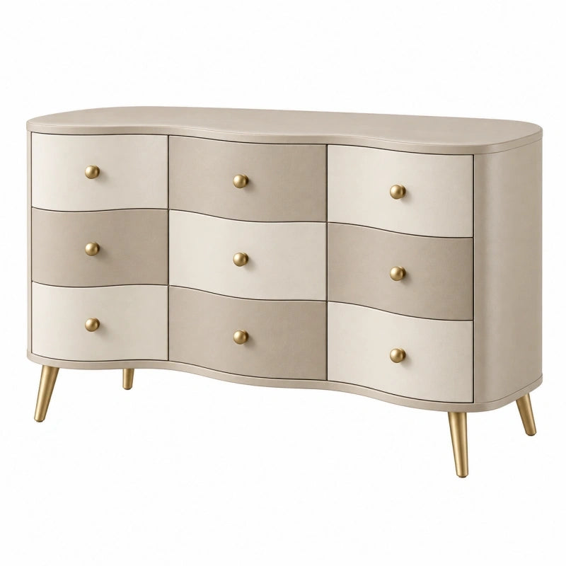 Kommode 140 x 40 x 85 cm in Creme aus Holzwerkstoff mit 9 Schubladen und Metallfüßen