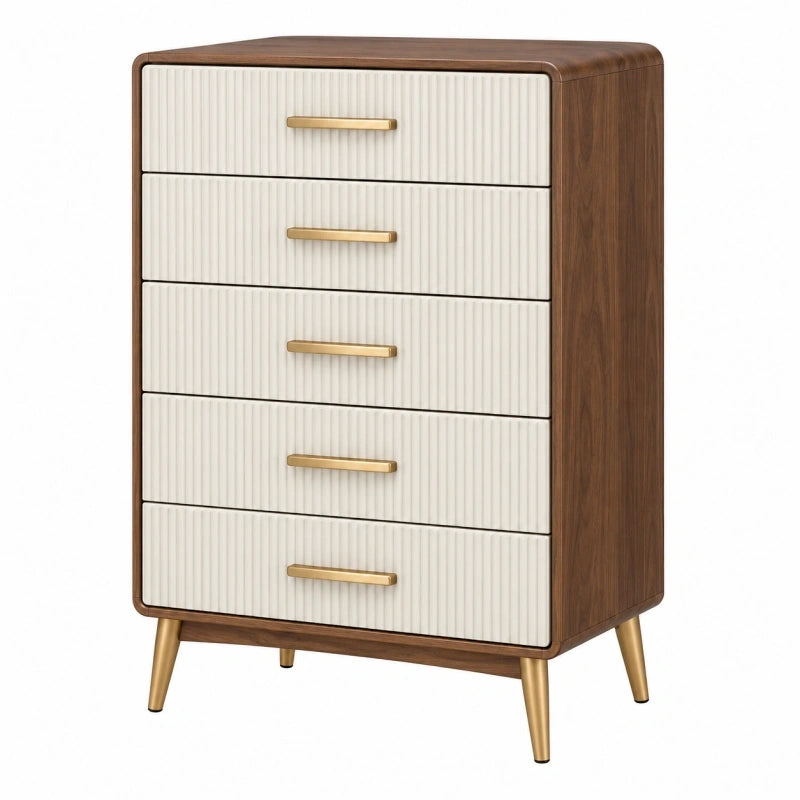 Kommode 80 x 40 x 120 cm Holzwerkstoff Nussbaum Creme mit 5 Schubladen im Retro-Stil