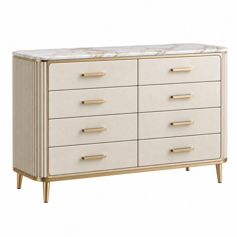 Kommode 140 x 45 x 85 cm in Creme mit Marmoroptik und acht Schubladen