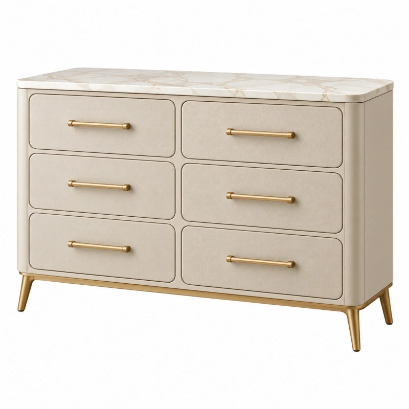 Kommode 140 x 45 x 85 cm in Creme mit Marmoroptik Oberfläche und sechs Schubladen