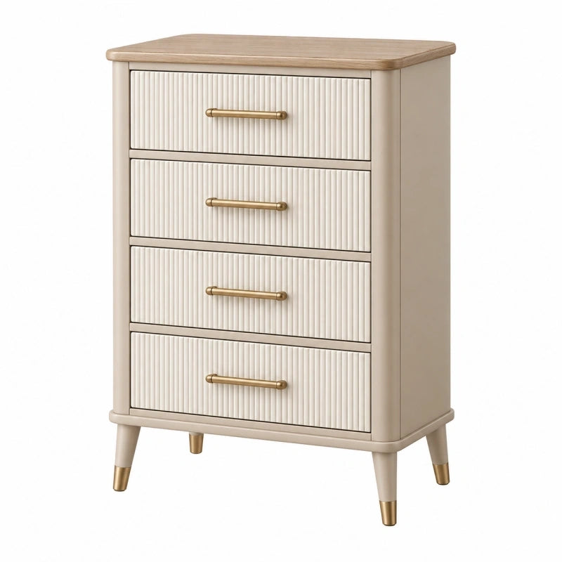 Kommode 60 x 40 x 90 cm aus Holzwerkstoff in Creme mit 4 Schubladen und geriffelter Front