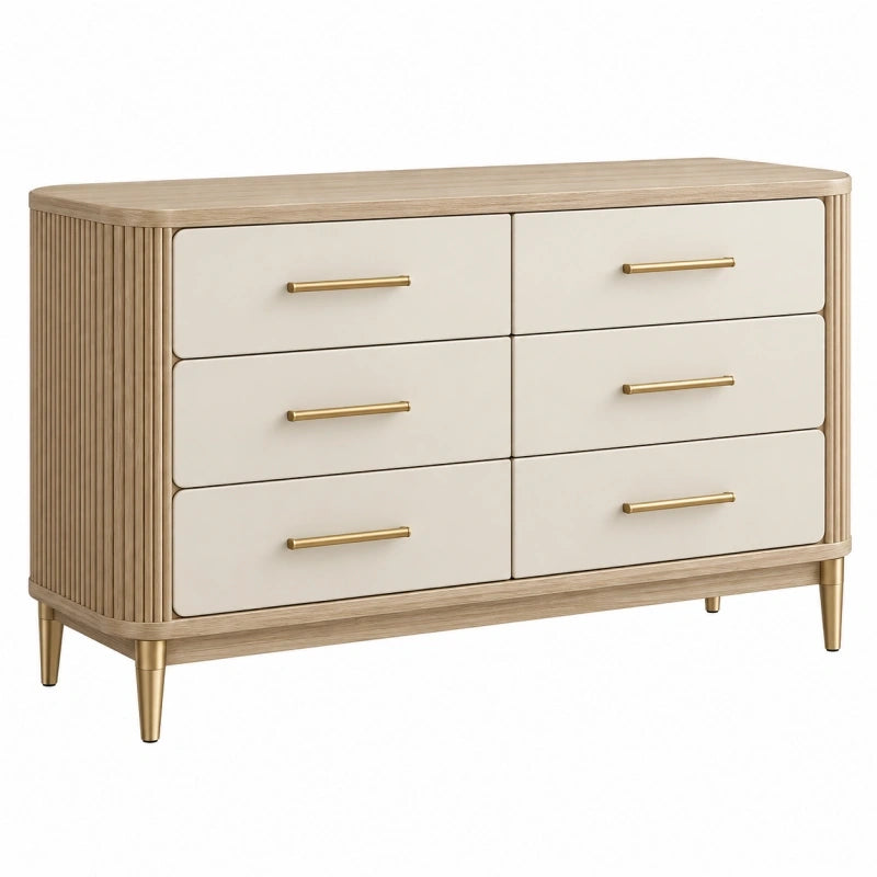 Kommode 140 x 45 x 85 cm Holzwerkstoff Beige Hellbraun Gold mit 6 Schubladen im modernen Stil
