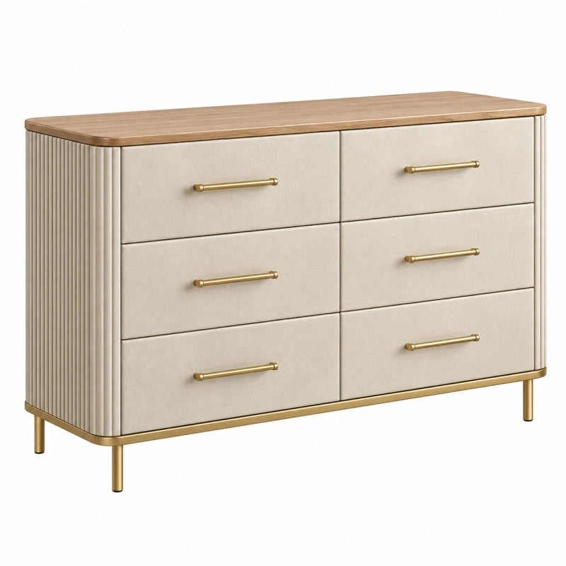 Kommode 140 x 45 x 85 cm Beige mit Holzplatte und 6 Schubladen im modernen Stil
