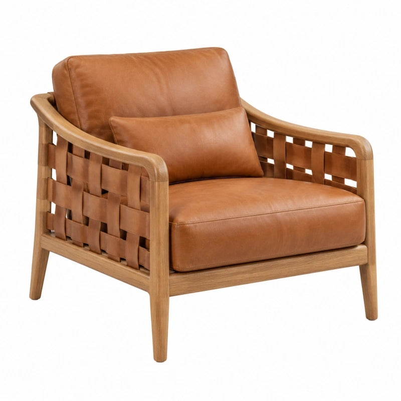 Sessel 82 x 78 x 78 cm aus Holz und Leder in Braun - geflochtene Armlehnen