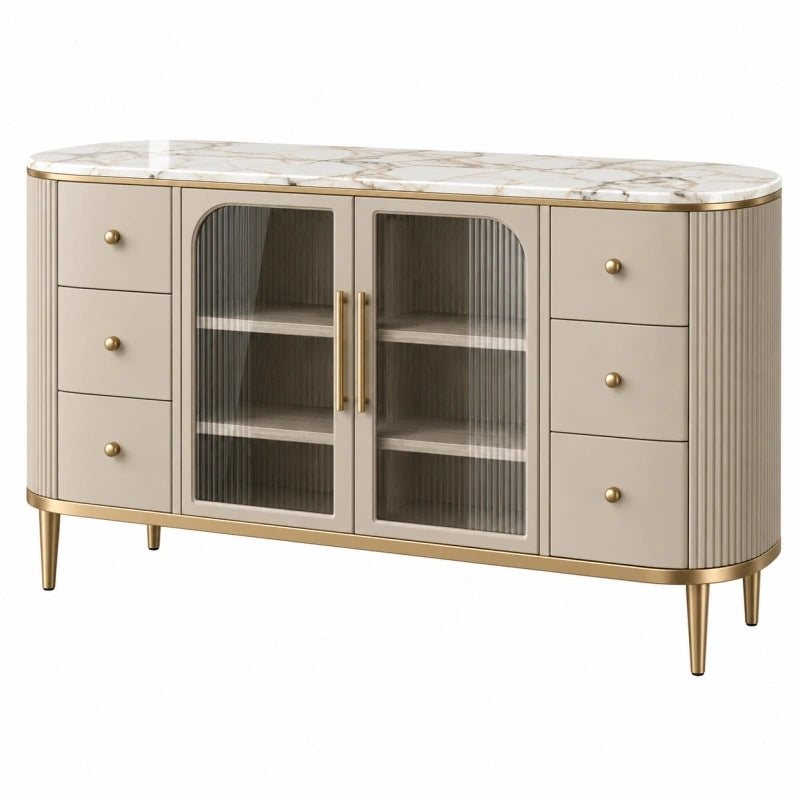 Sideboard 160 cm Creme Weiß Glas Metall Marmoroptik Stauraummöbel