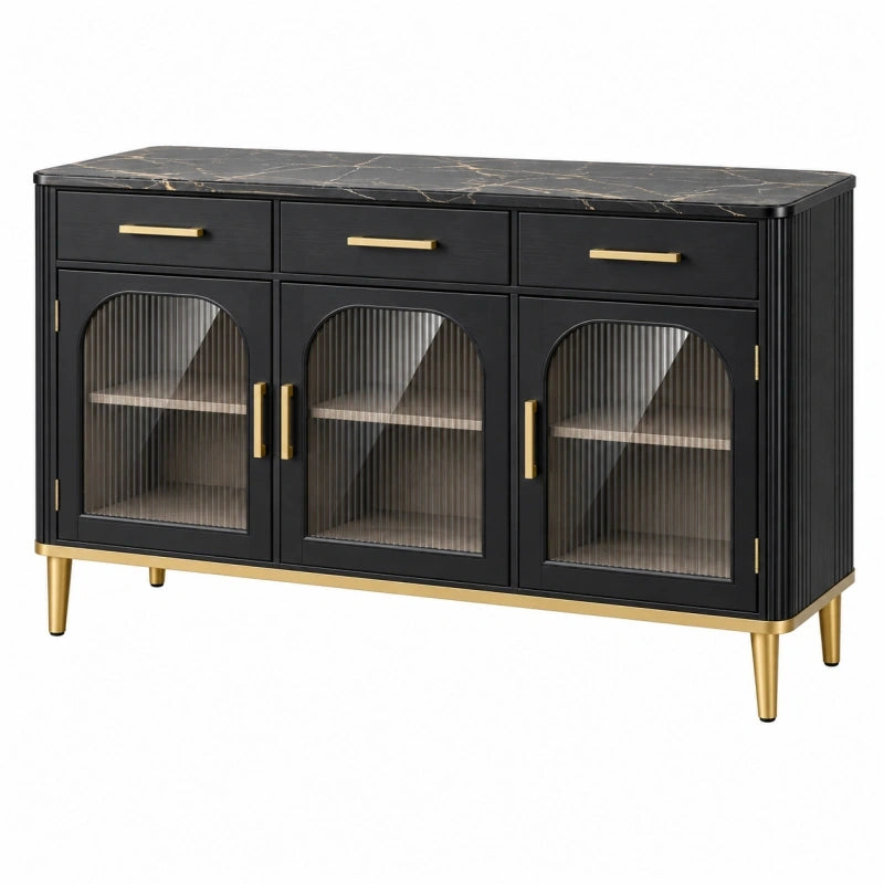 Sideboard 140 cm Schwarz/Gold aus Holzwerkstoff mit Riffelglas und Marmoroptik