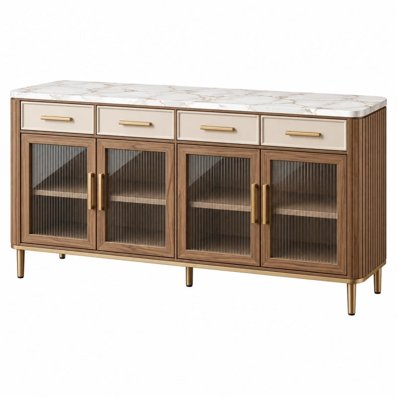 Sideboard 160 x 40 x 85 cm in Walnuss Beige Weiß mit Glasfronten und Marmoroptik