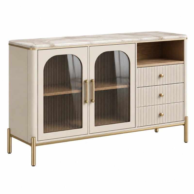 Sideboard 140 x 40 x 80 cm in Creme Holzwerkstoff mit Glastüren und Schubladen