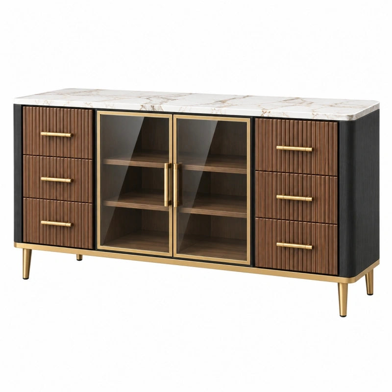 Sideboard 160 cm Holzwerkstoff Braun Schwarz mit Glas Türen und Marmoroptik