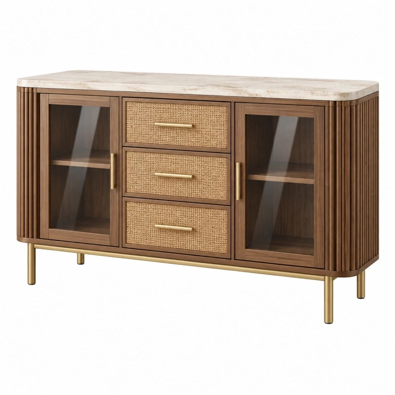 Sideboard 150 x 40 x 85 cm Holz Rattan Braun Beige mit Glas Türen und Schubladen