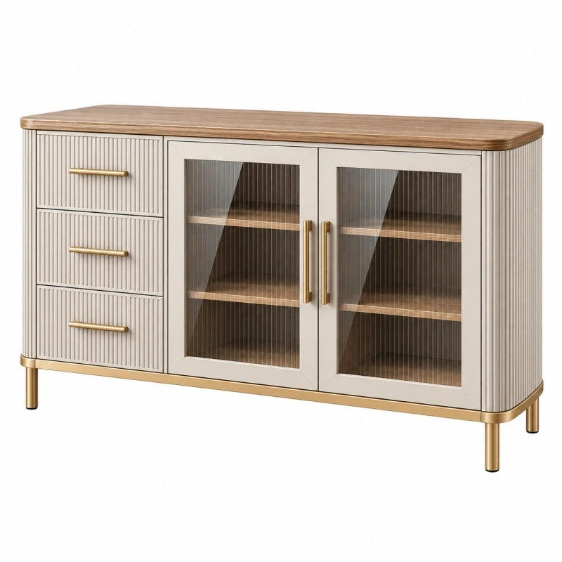 Sideboard 140 x 40 x 80 cm aus Holzwerkstoff in Beige und Braun mit Glastüren im modernen Stil