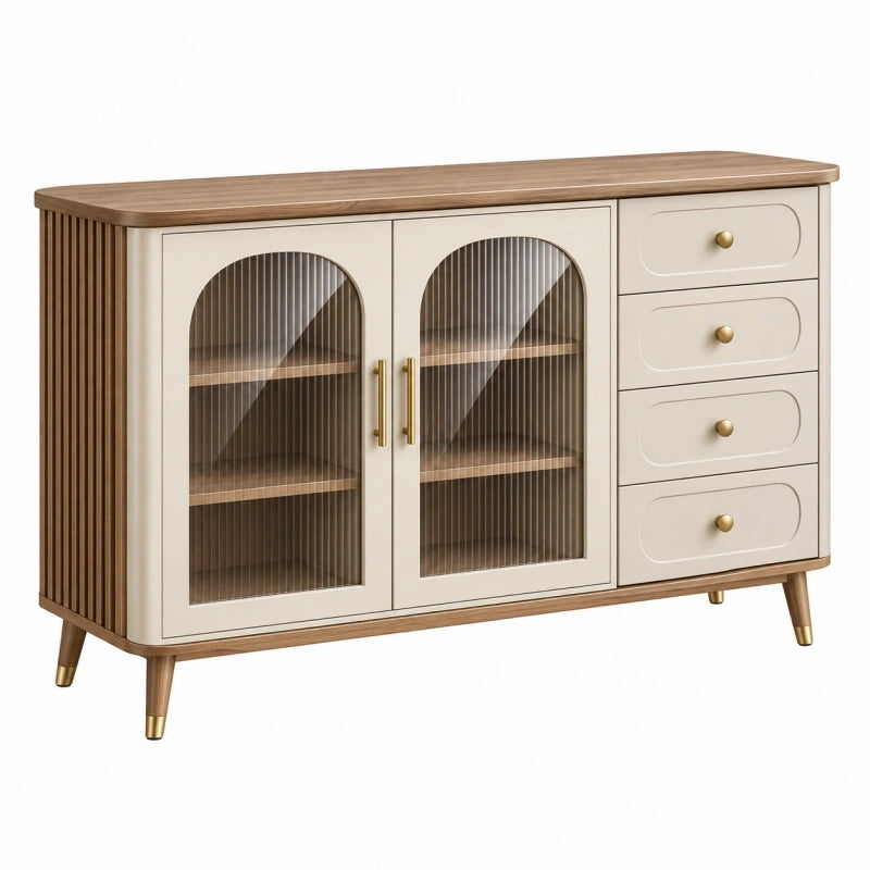 Sideboard 140 x 40 x 85 cm Cremebraun aus Holzwerkstoff mit Glasfront und 4 Schubladen im Retro Stil