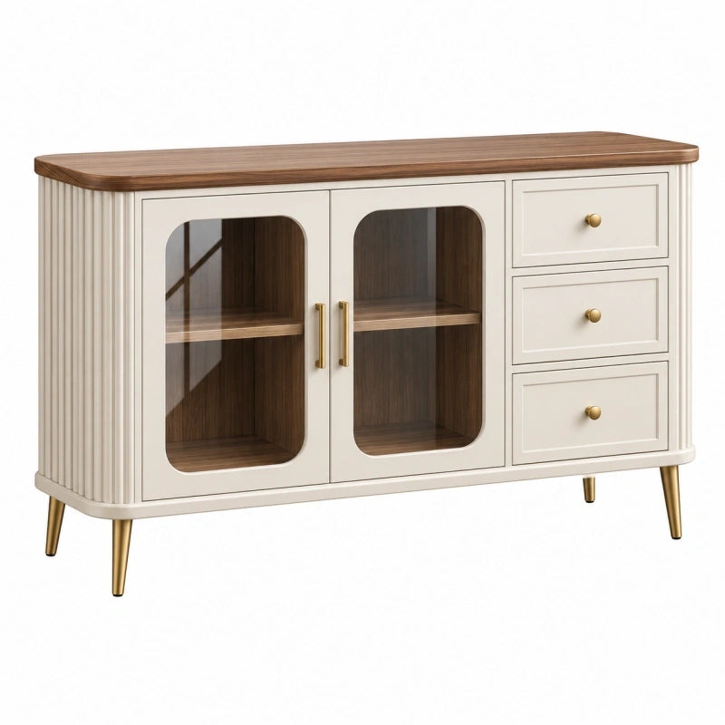 Sideboard 140 x 40 x 85 cm Holzwerkstoff Weiß Walnuss mit Glastüren und Schubladen