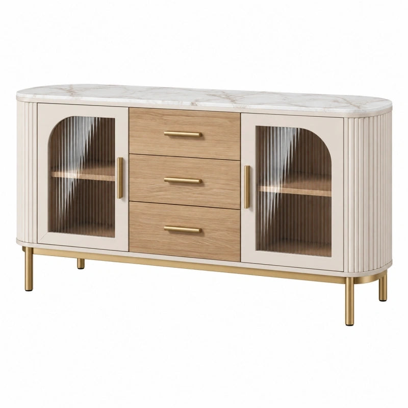 Sideboard 140 x 40 x 85 cm Holzwerkstoff Creme Naturholz mit Riffelglastüren und Schubladen