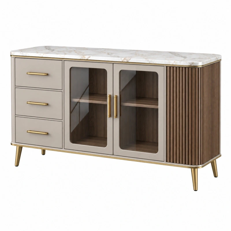 Sideboard 160 x 40 x 85 cm in Beige Braun Weiß mit Glas Türen und Marmoroptik