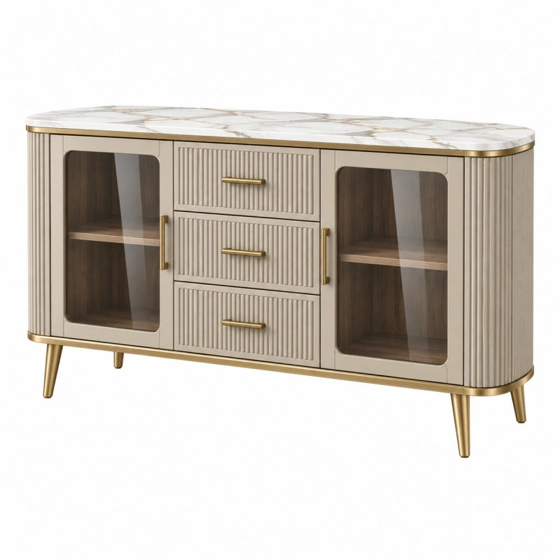 Sideboard 160 x 40 x 85 cm in Creme Braun Gold mit Glastüren Schubladen und Marmoroptik