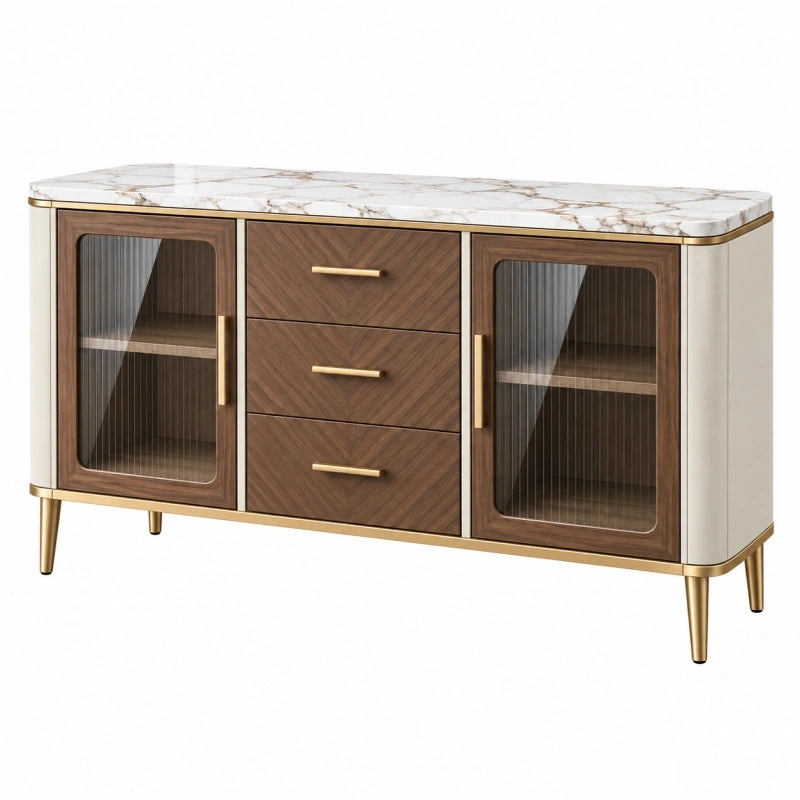 Sideboard 160 cm mit Holzwerkstoff Glas und Marmordekor in Weiß Braun Gold