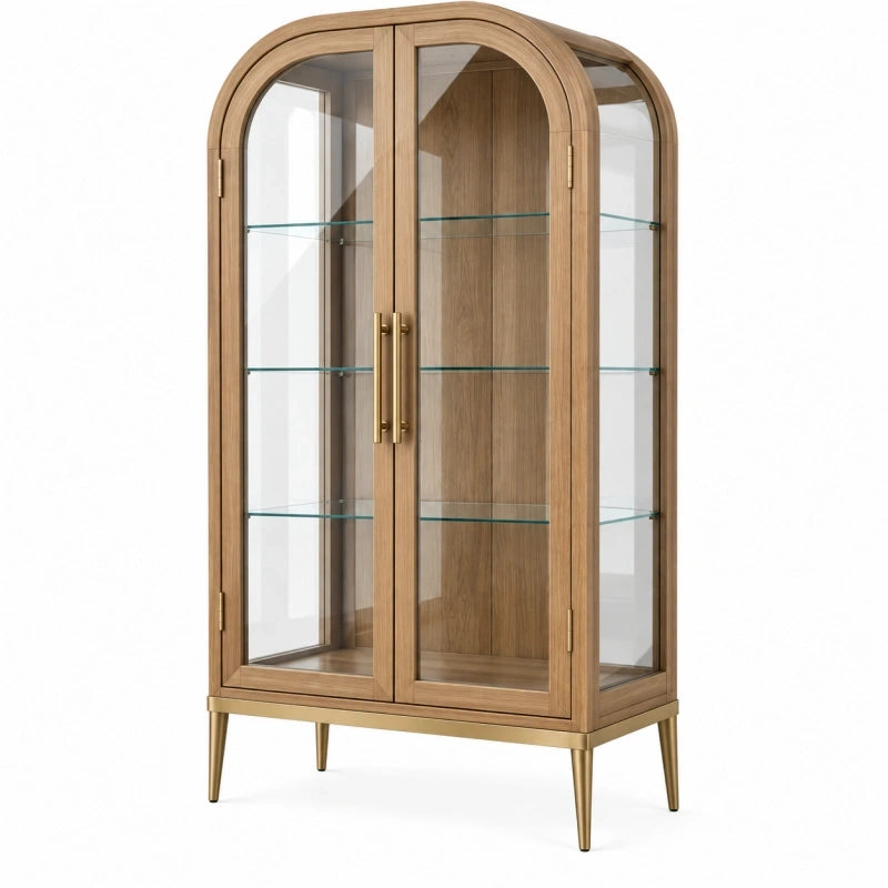 Vitrine 90 x 45 x 180 cm Holz Glas Naturbraun mit Glastüren im Art-déco-Stil