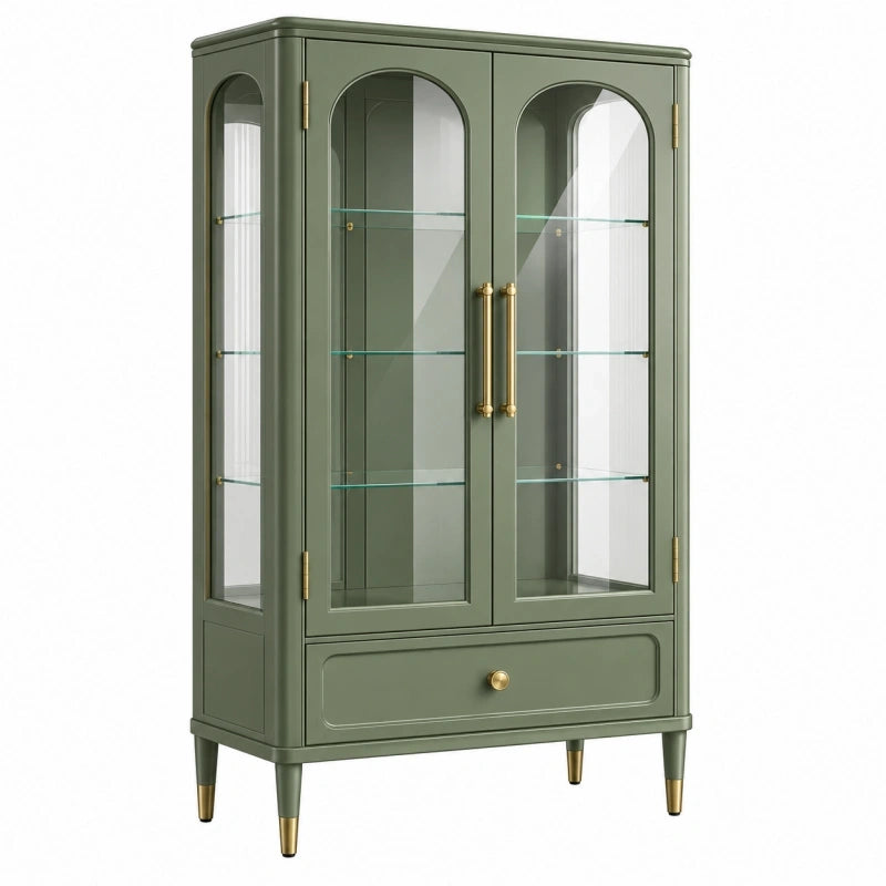 Vitrine 90 x 40 x 170 cm in Grün mit Glas und Schublade im Retro-Stil