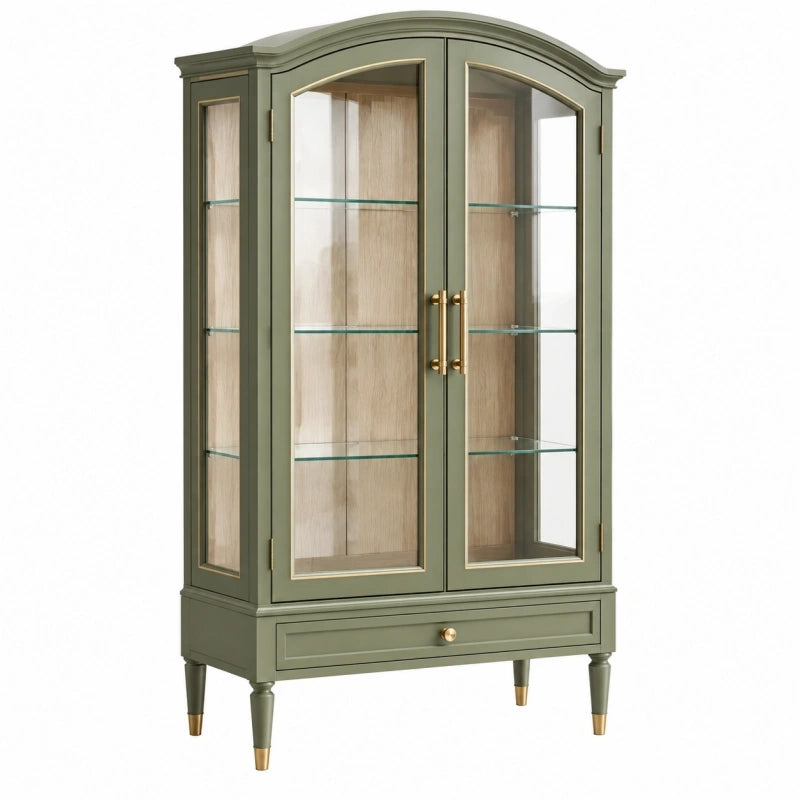 Vitrine 90 x 40 x 180 cm aus Holzwerkstoff Olivgrün mit Glastüren und Schublade klassischer Stil