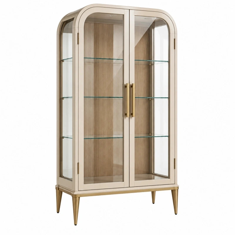 Vitrine 90 x 45 x 180 cm Holzwerkstoff Glas Beige Goldfarben mit Glastüren
