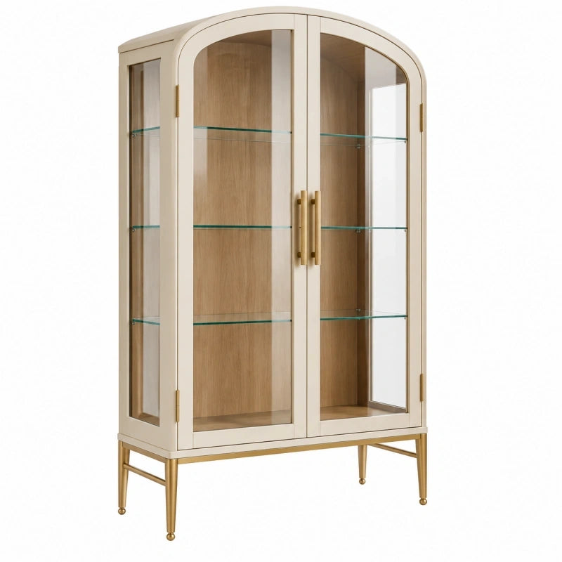 Vitrine 90 x 40 x 180 cm aus Holz und Glas in Creme für Wohnraum - klassisch mit Glastüren